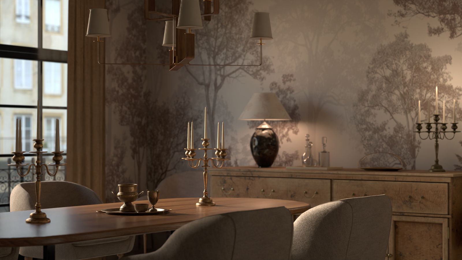 Dining room, grasscloth on all four walls